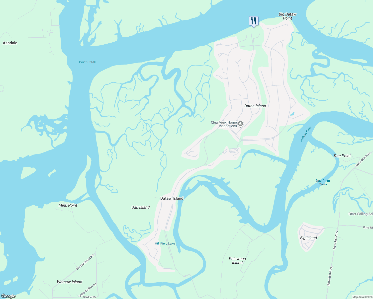 map of restaurants, bars, coffee shops, grocery stores, and more near 206 Cotton Dike Road in Saint Helena Island