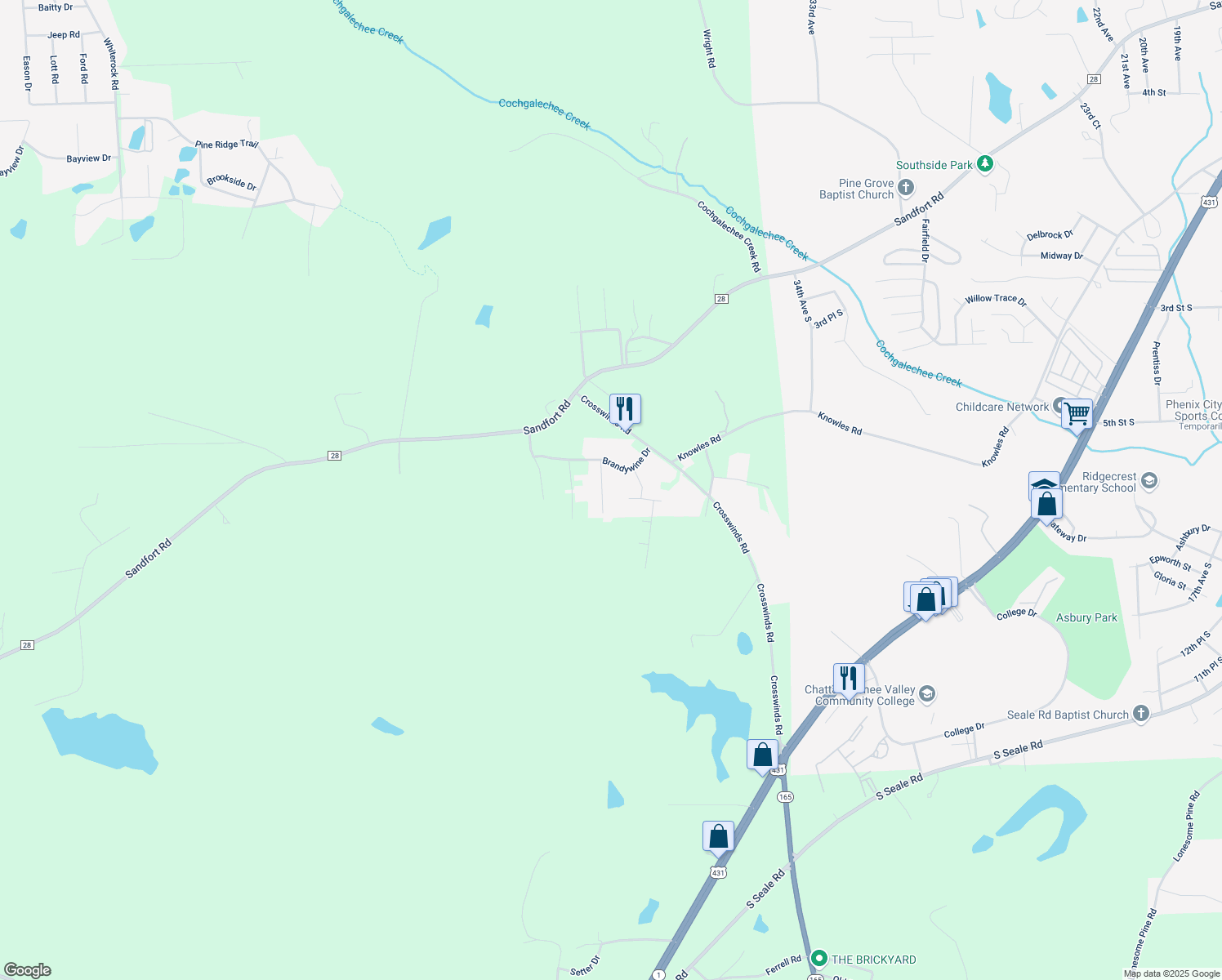 map of restaurants, bars, coffee shops, grocery stores, and more near 4108 Brandywine Drive in Phenix City