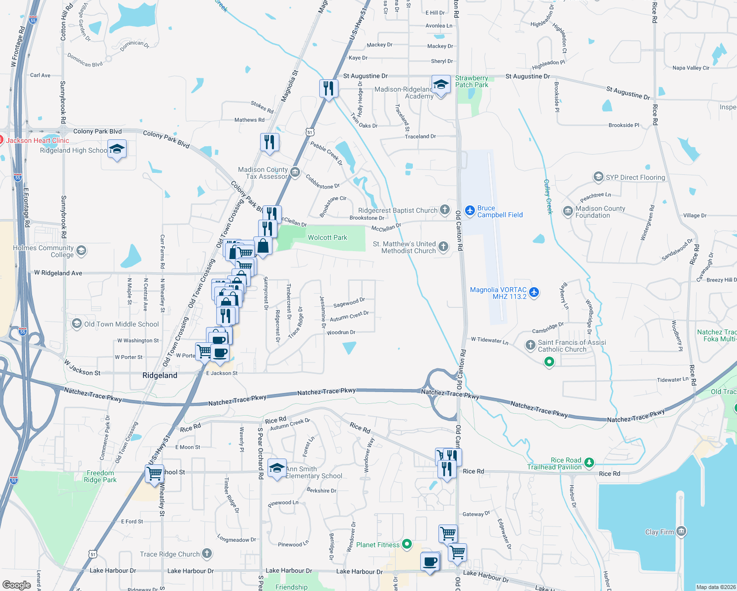 map of restaurants, bars, coffee shops, grocery stores, and more near 326 Sagewood Drive in Ridgeland