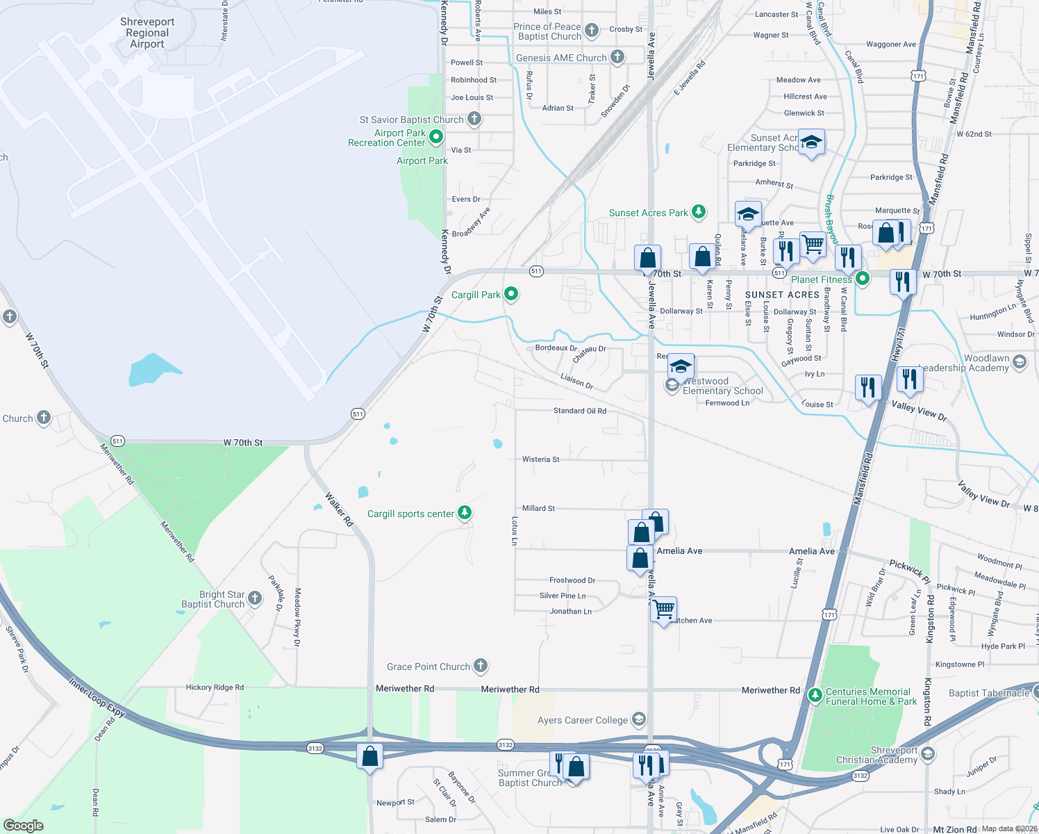 map of restaurants, bars, coffee shops, grocery stores, and more near 7705 Lotus Ln in Shreveport