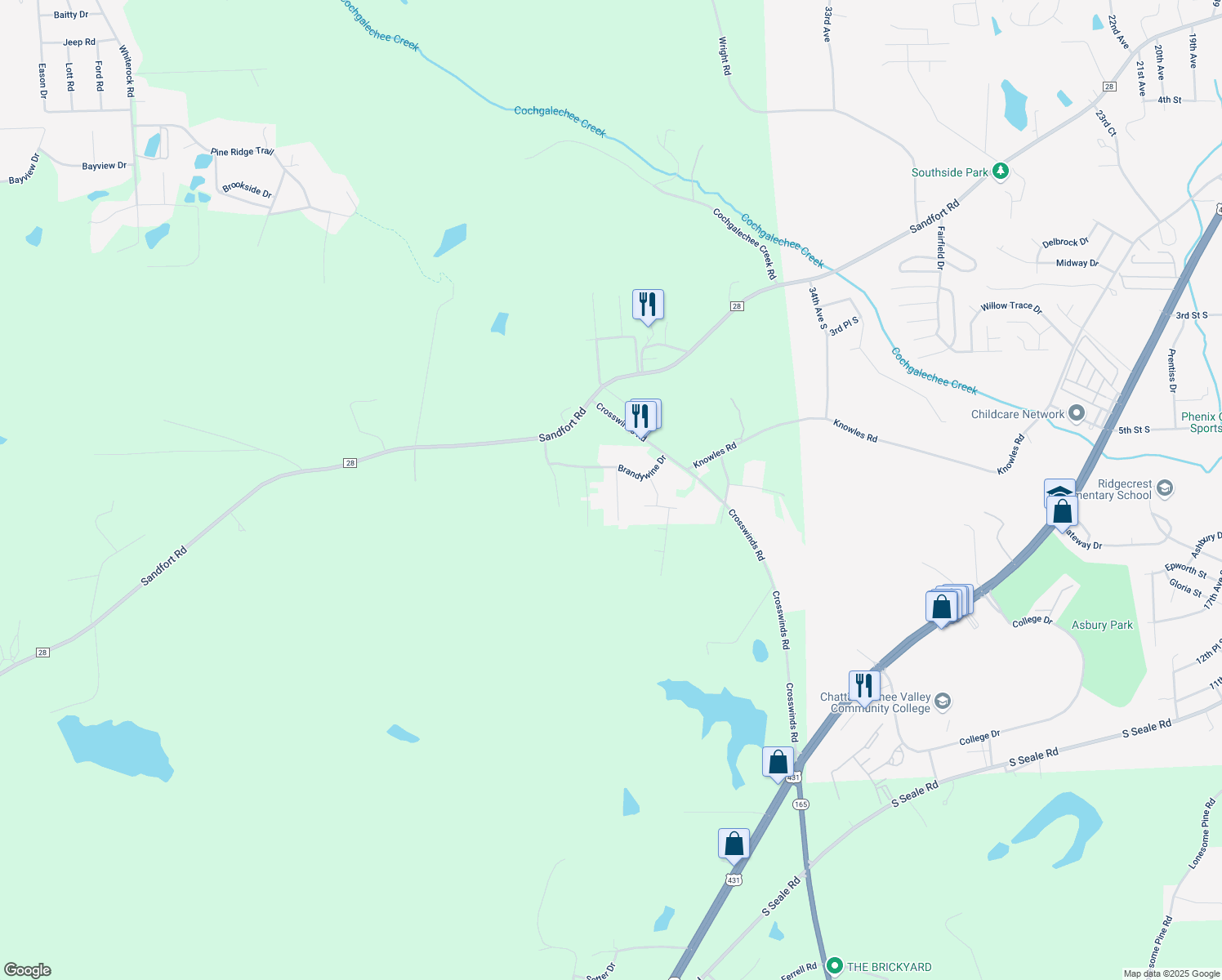 map of restaurants, bars, coffee shops, grocery stores, and more near 504 Williamsburg Drive in Phenix City
