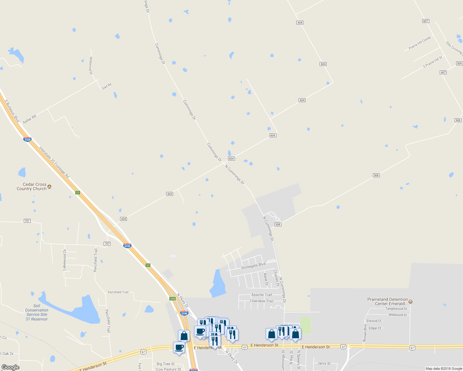 map of restaurants, bars, coffee shops, grocery stores, and more near 1817 North Cummings Drive in Alvarado