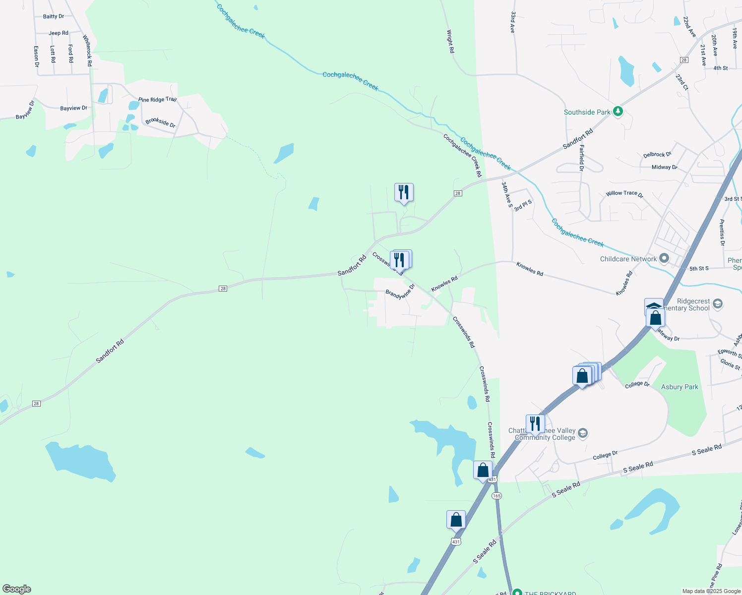 map of restaurants, bars, coffee shops, grocery stores, and more near 504 Williamsburg Drive in Phenix City