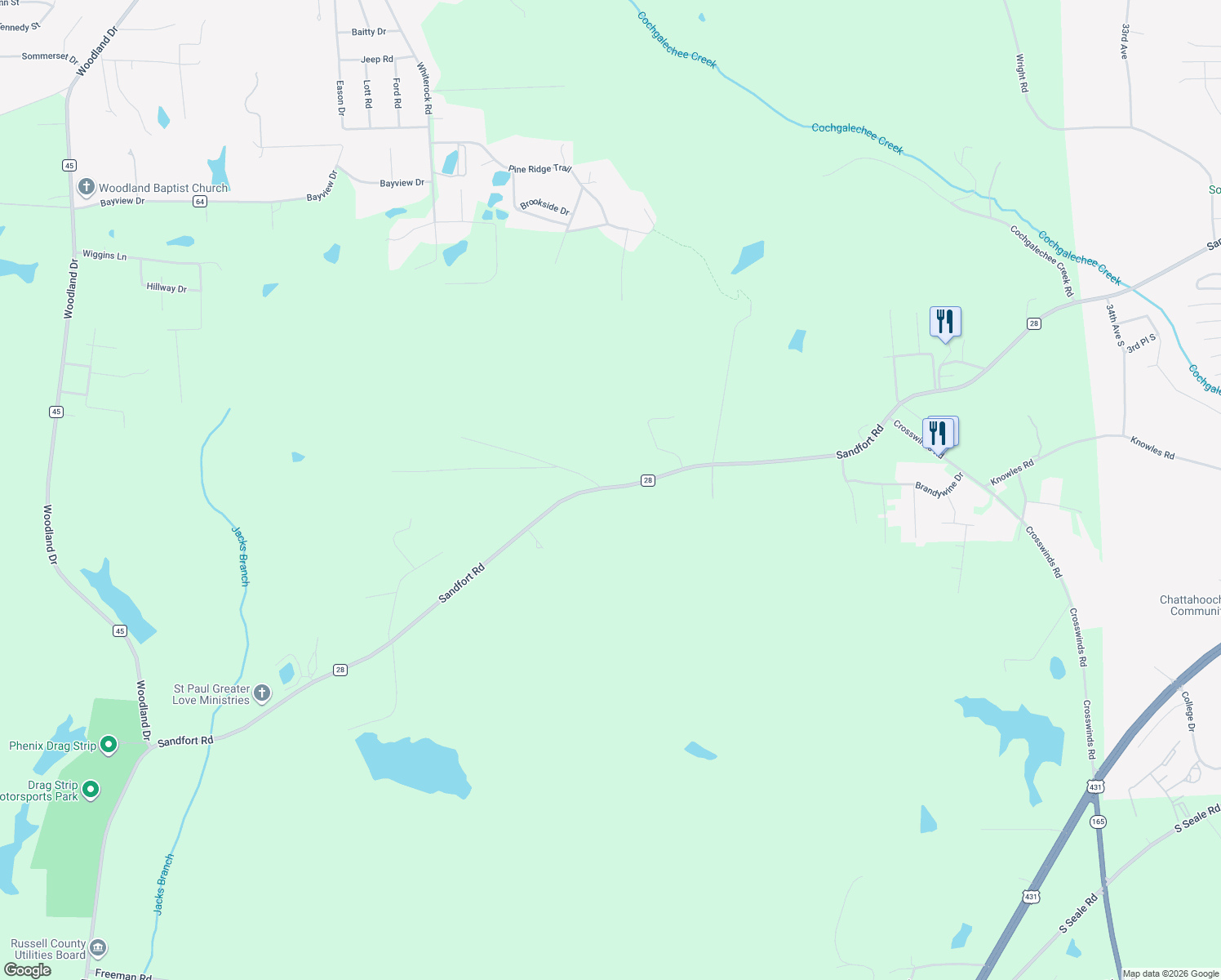 map of restaurants, bars, coffee shops, grocery stores, and more near 3846 Sandfort Road in Phenix City