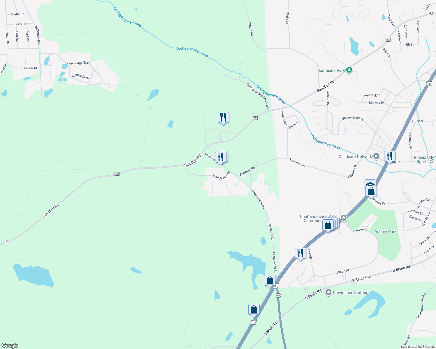 map of restaurants, bars, coffee shops, grocery stores, and more near 4107 Brandywine Drive in Phenix City