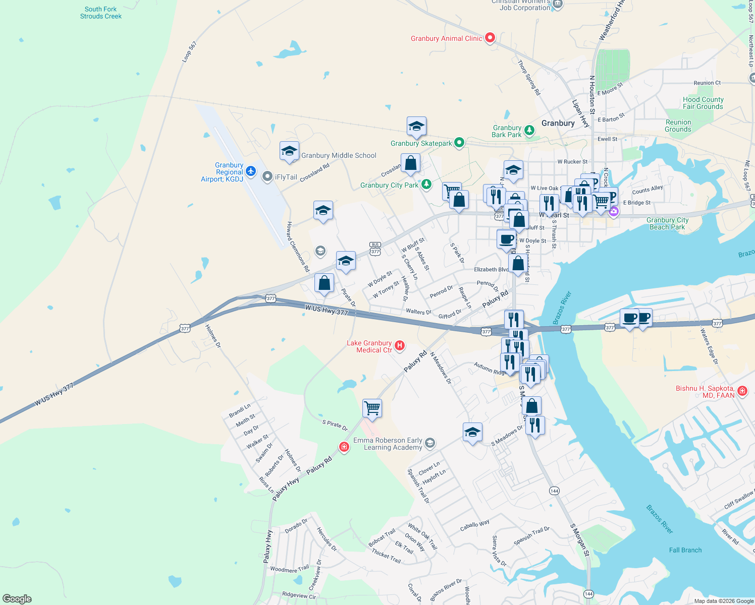 map of restaurants, bars, coffee shops, grocery stores, and more near 1454 Walters Dr in Granbury