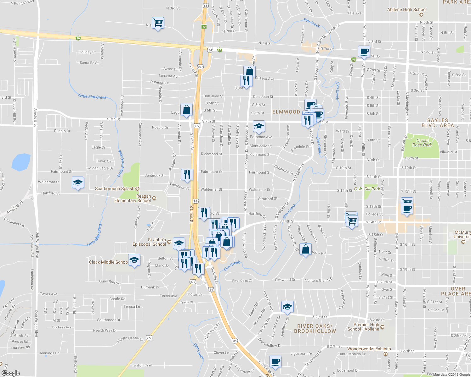 map of restaurants, bars, coffee shops, grocery stores, and more near 1290 South Jefferson Drive in Abilene