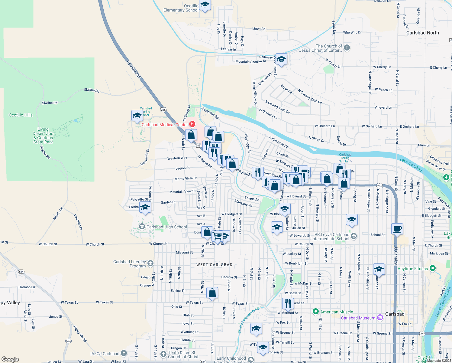 map of restaurants, bars, coffee shops, grocery stores, and more near 2206 Mountain View Drive in Carlsbad