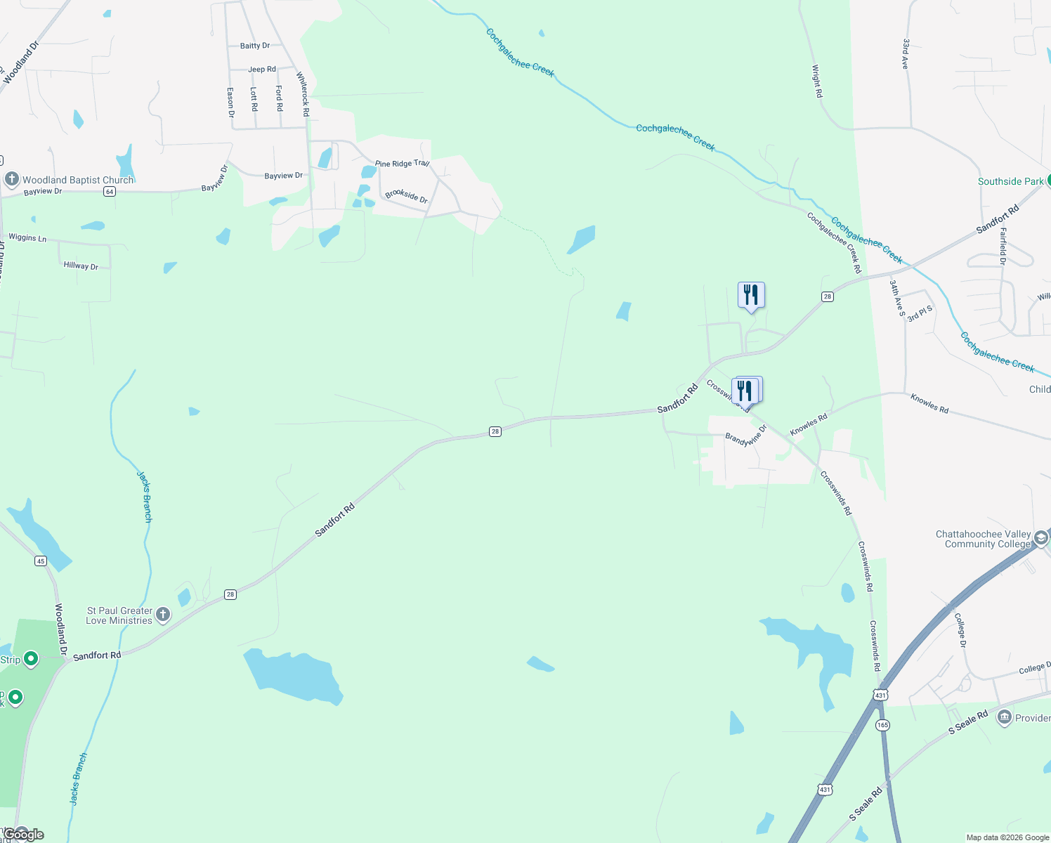 map of restaurants, bars, coffee shops, grocery stores, and more near 3846 Sandfort Road in Phenix City