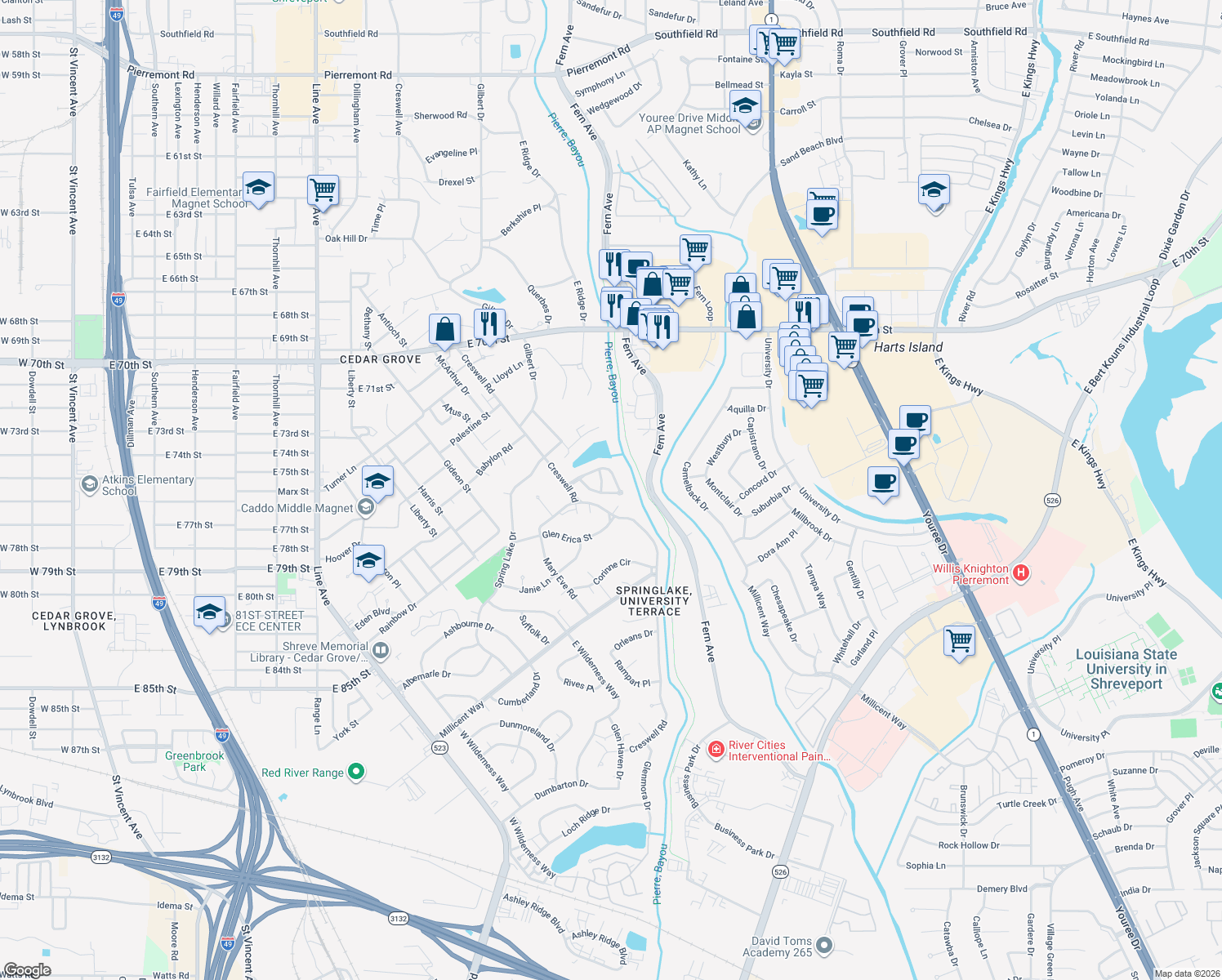 map of restaurants, bars, coffee shops, grocery stores, and more near 38 Lake Pl in Shreveport