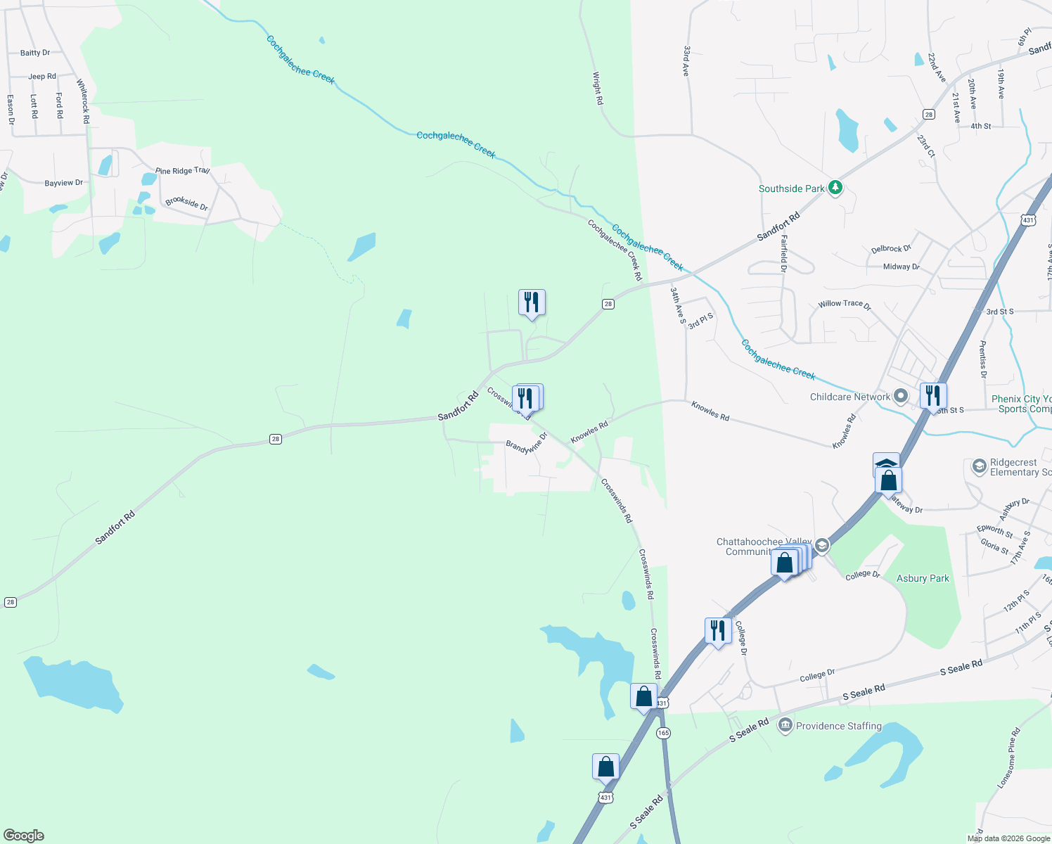 map of restaurants, bars, coffee shops, grocery stores, and more near 4107 Brandywine Drive in Phenix City