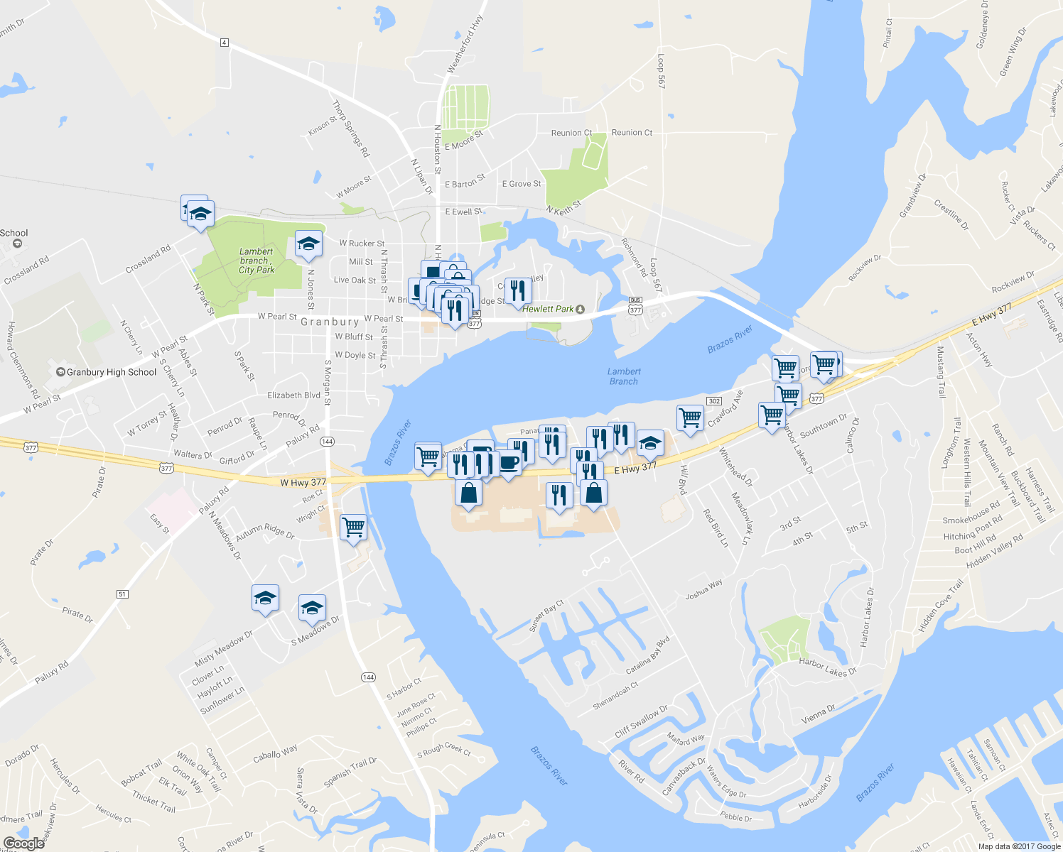 map of restaurants, bars, coffee shops, grocery stores, and more near 610 Panama Court in Granbury