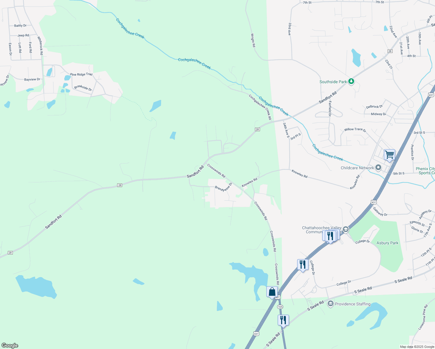 map of restaurants, bars, coffee shops, grocery stores, and more near 1-39 Crosswinds Road in Phenix City