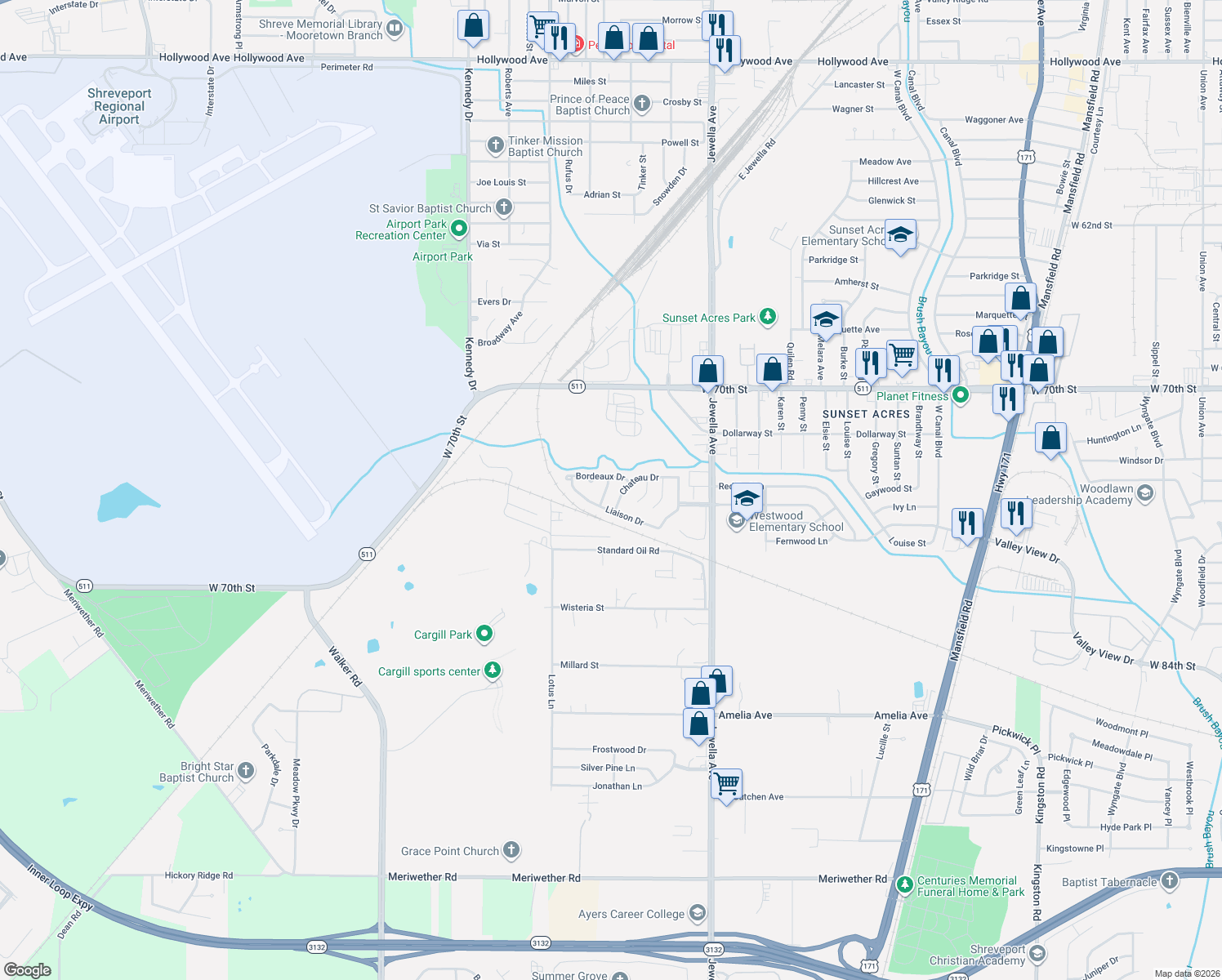 map of restaurants, bars, coffee shops, grocery stores, and more near 7205 Moselle Drive in Shreveport