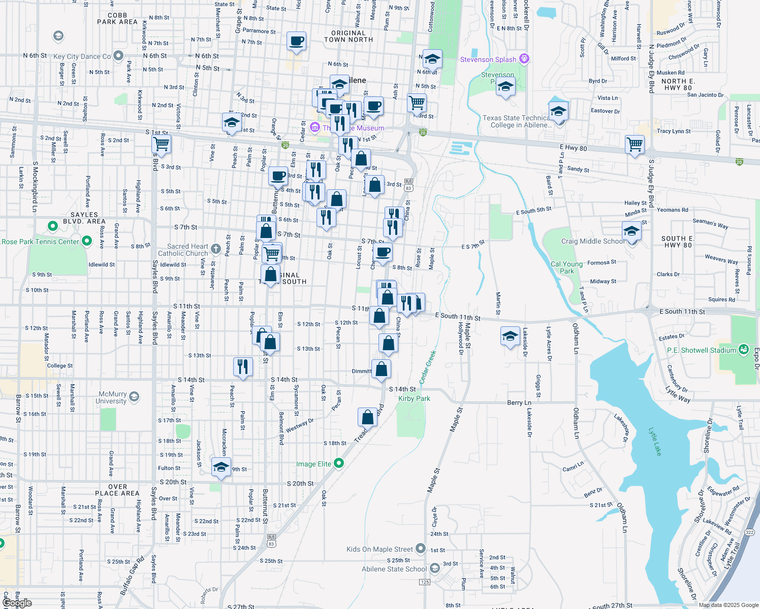 map of restaurants, bars, coffee shops, grocery stores, and more near 1050 South Treadaway Boulevard in Abilene