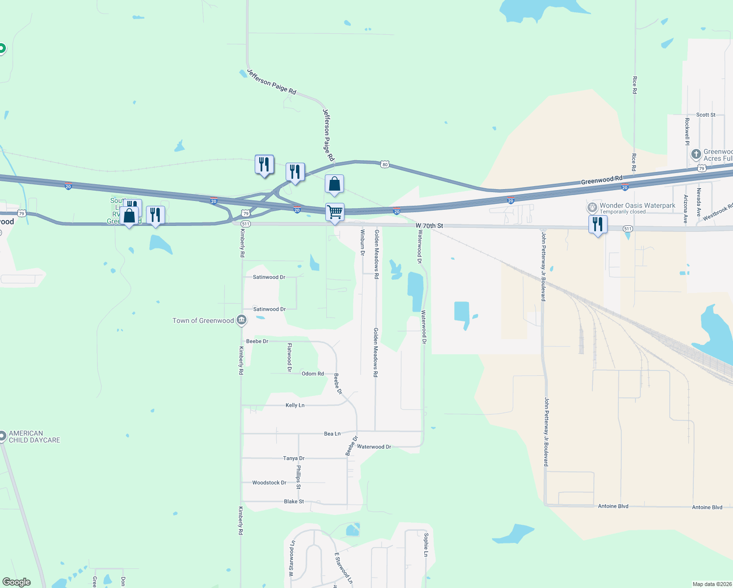 map of restaurants, bars, coffee shops, grocery stores, and more near 7203 Winburn Dr in Greenwood