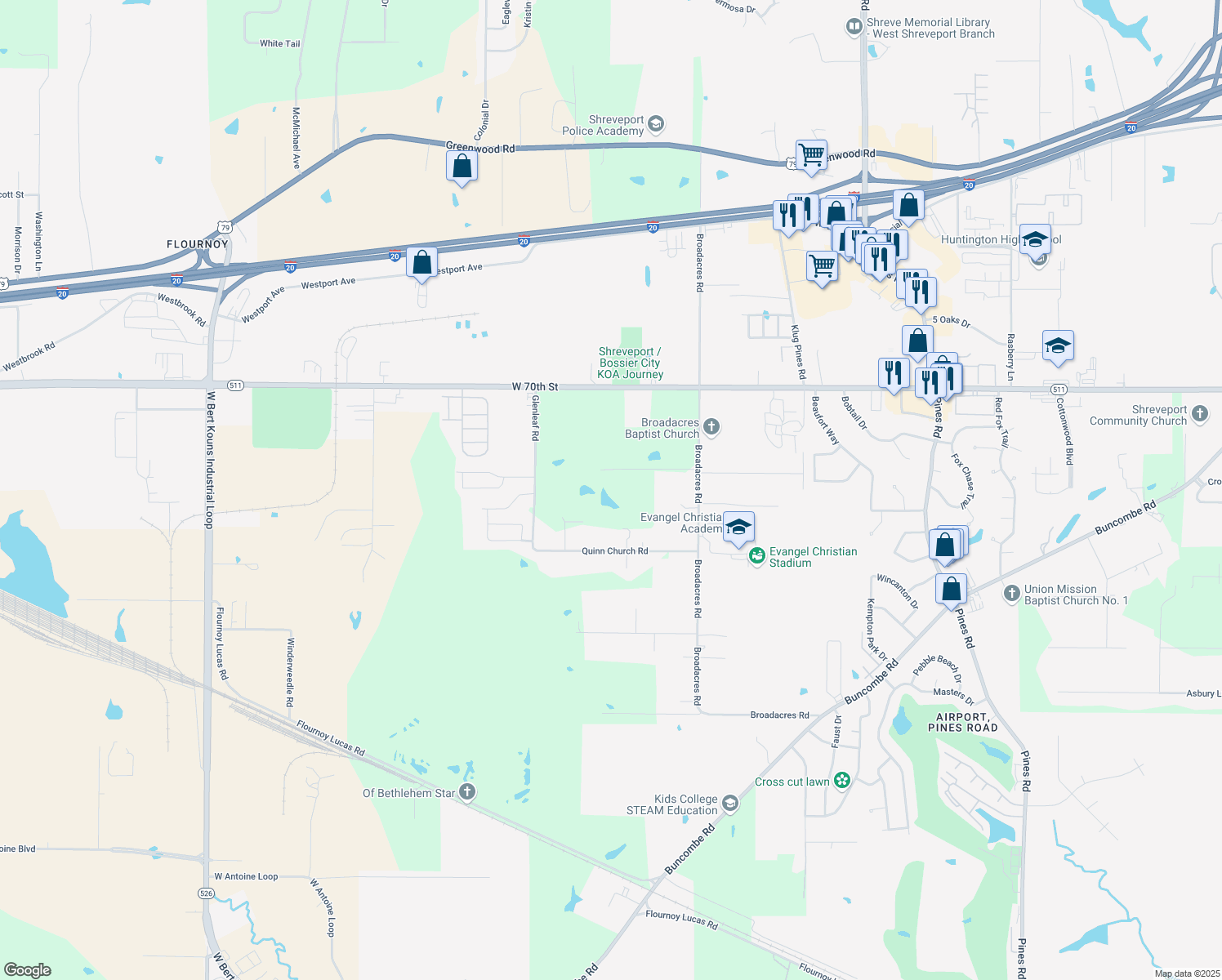 map of restaurants, bars, coffee shops, grocery stores, and more near 6540 Lolette Ln in Shreveport