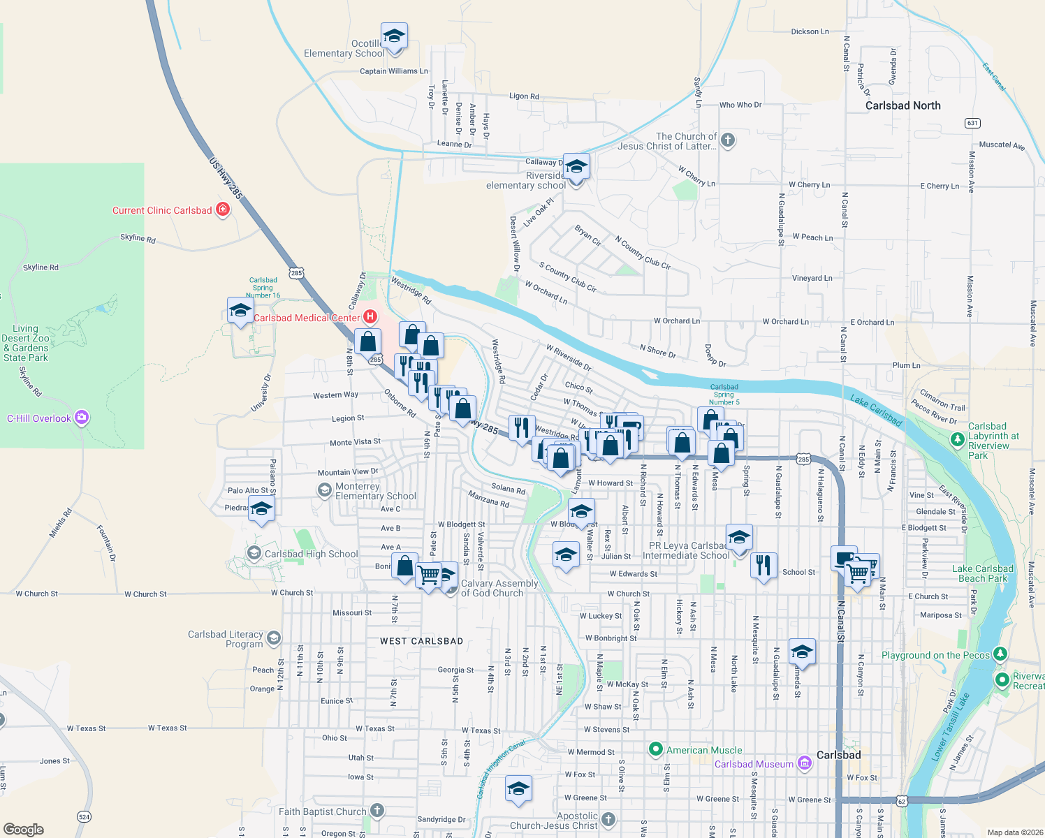map of restaurants, bars, coffee shops, grocery stores, and more near 1602 Westridge Rd in Carlsbad