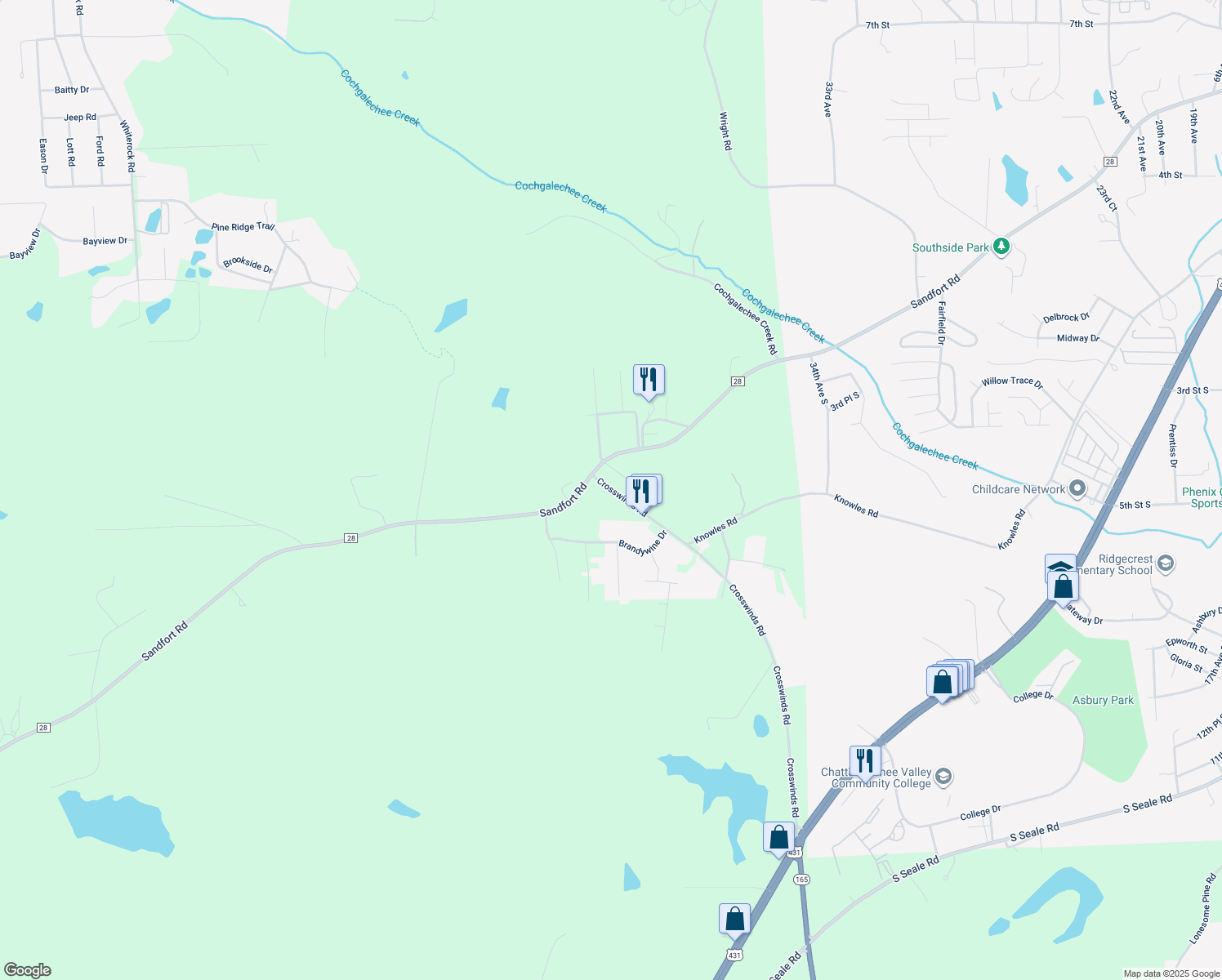 map of restaurants, bars, coffee shops, grocery stores, and more near 12 Crosswinds Road in Phenix City