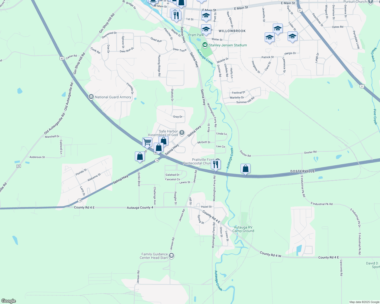 map of restaurants, bars, coffee shops, grocery stores, and more near 520 McGriff Street in Prattville