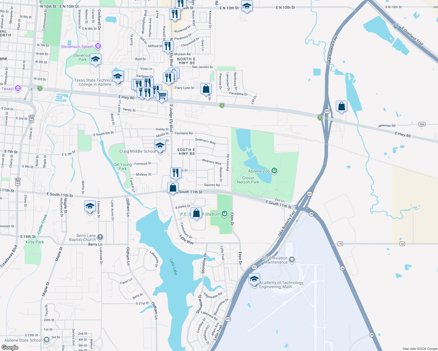 map of restaurants, bars, coffee shops, grocery stores, and more near 1002 Reeves Street in Abilene