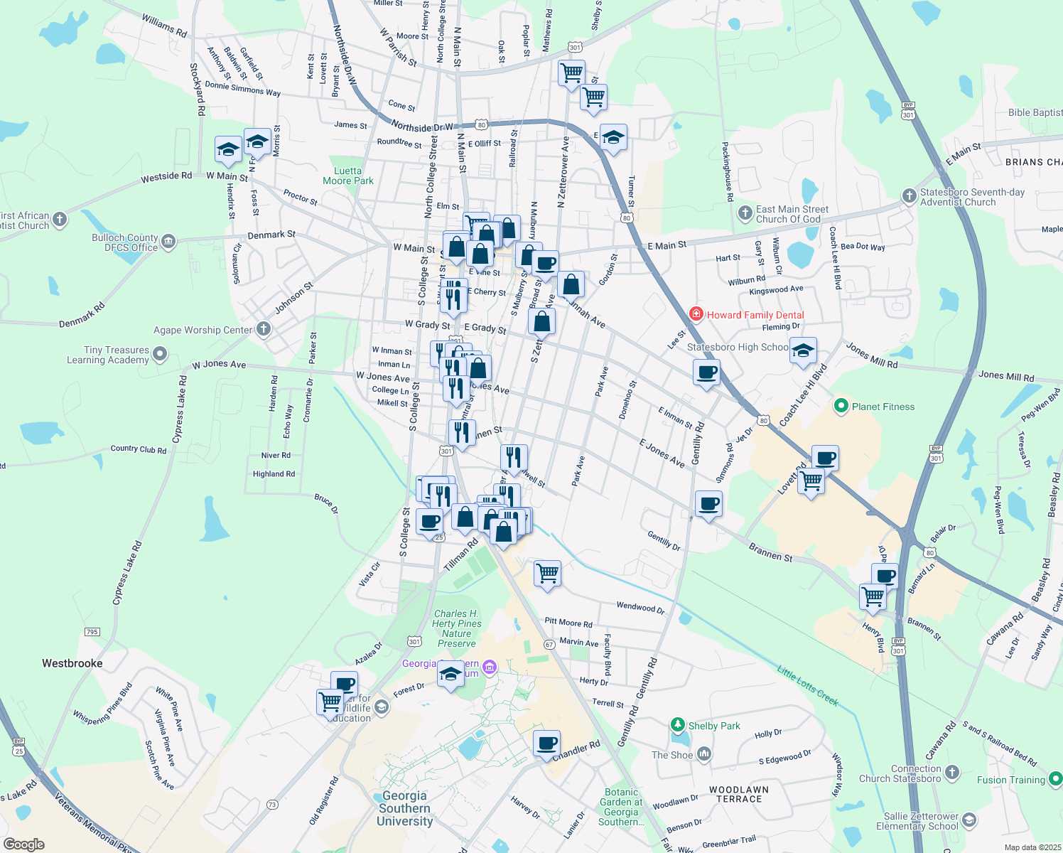 map of restaurants, bars, coffee shops, grocery stores, and more near 313 Donaldson St in Statesboro