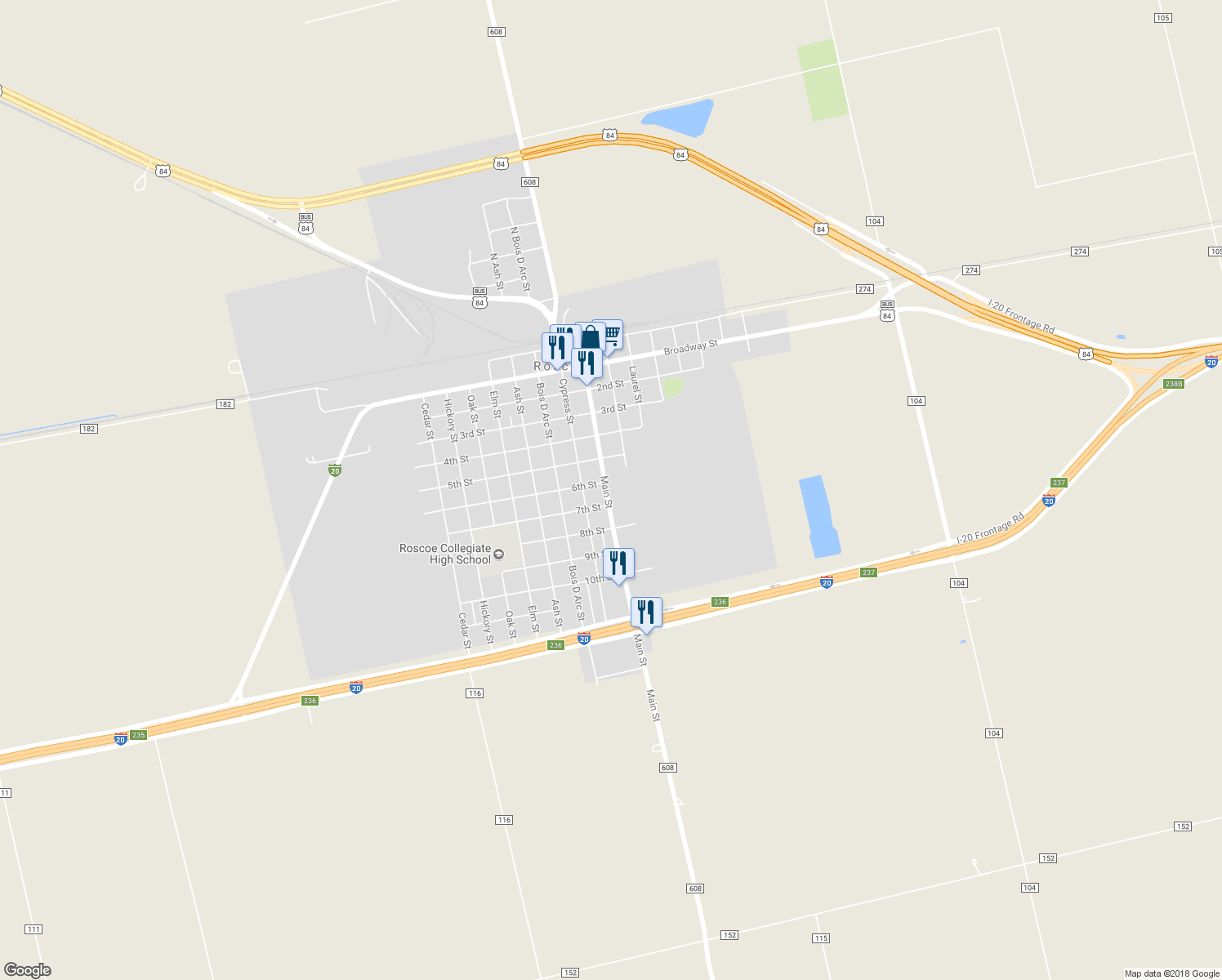 map of restaurants, bars, coffee shops, grocery stores, and more near 603 Main Street in Roscoe