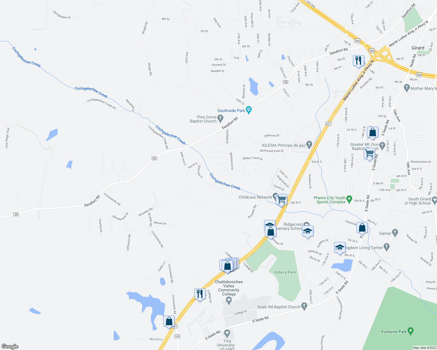 map of restaurants, bars, coffee shops, grocery stores, and more near 5 Brentwood Drive in Phenix City