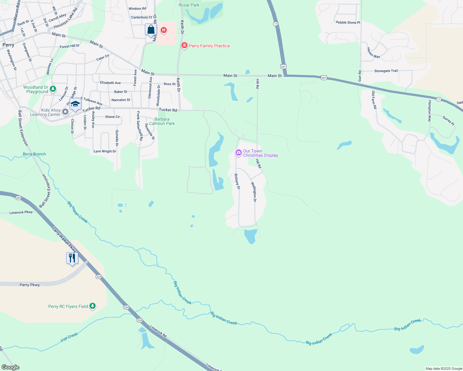 map of restaurants, bars, coffee shops, grocery stores, and more near 119 Brittany Drive in Perry