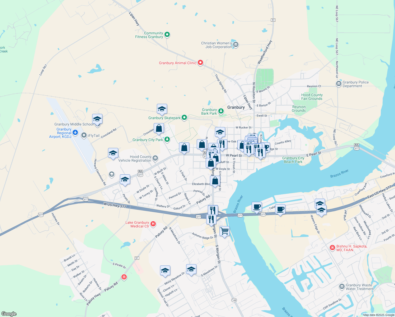 map of restaurants, bars, coffee shops, grocery stores, and more near 911 W Pearl St in Granbury