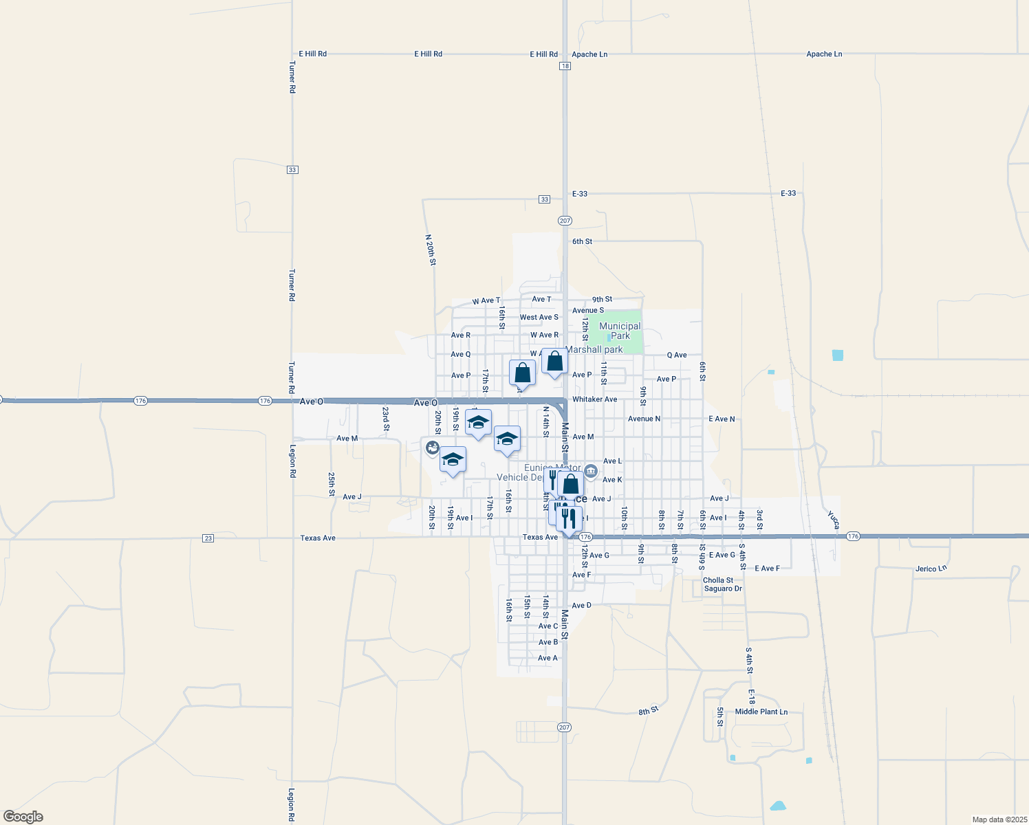 map of restaurants, bars, coffee shops, grocery stores, and more near 1324 North 16th Street in Jal