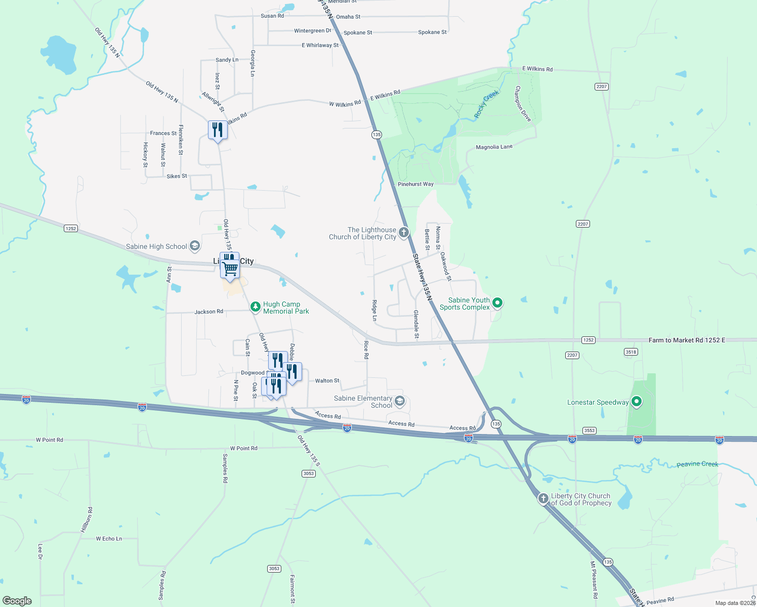 map of restaurants, bars, coffee shops, grocery stores, and more near 418 Ridge Ln in Kilgore