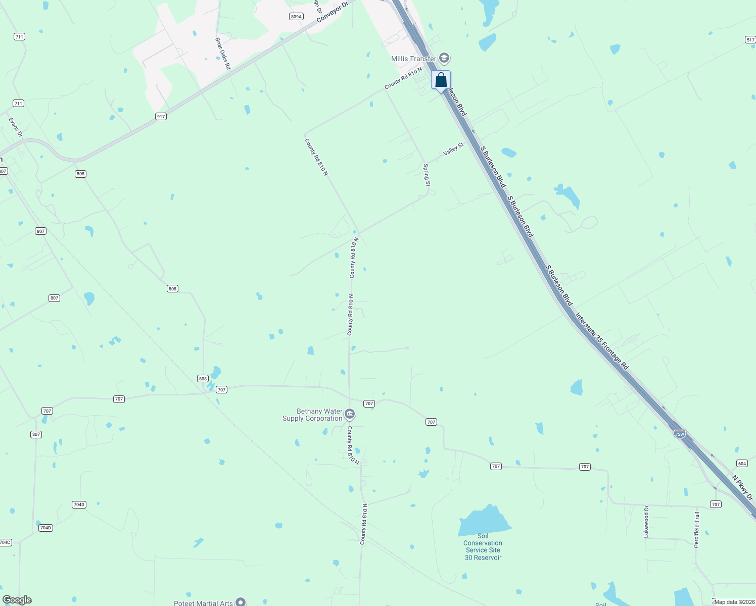 map of restaurants, bars, coffee shops, grocery stores, and more near 2200 County Road 810 North in Alvarado