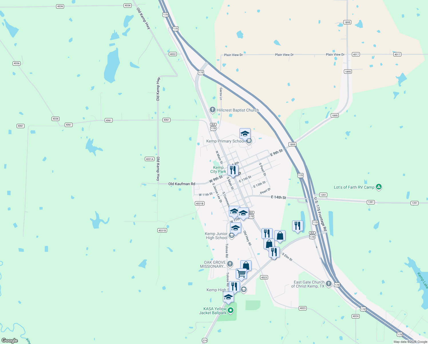map of restaurants, bars, coffee shops, grocery stores, and more near 712 North Commerce Street in Kemp