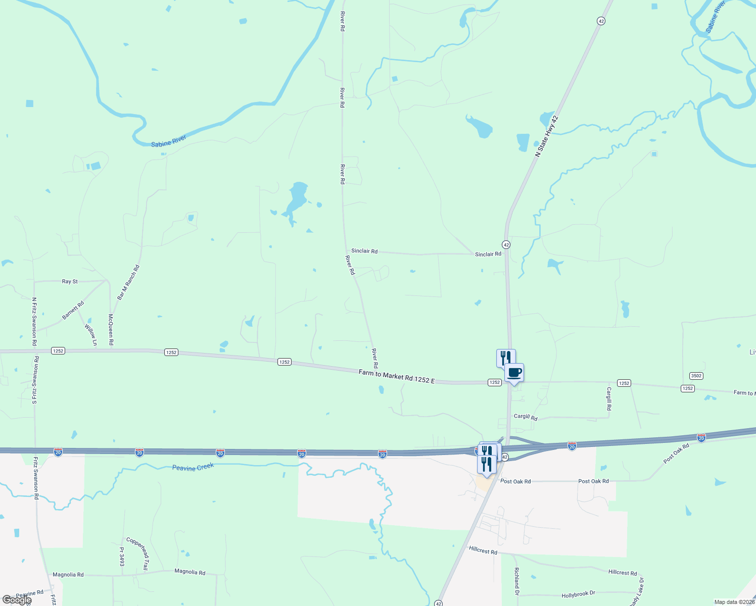 map of restaurants, bars, coffee shops, grocery stores, and more near 3415 River Rd in Kilgore