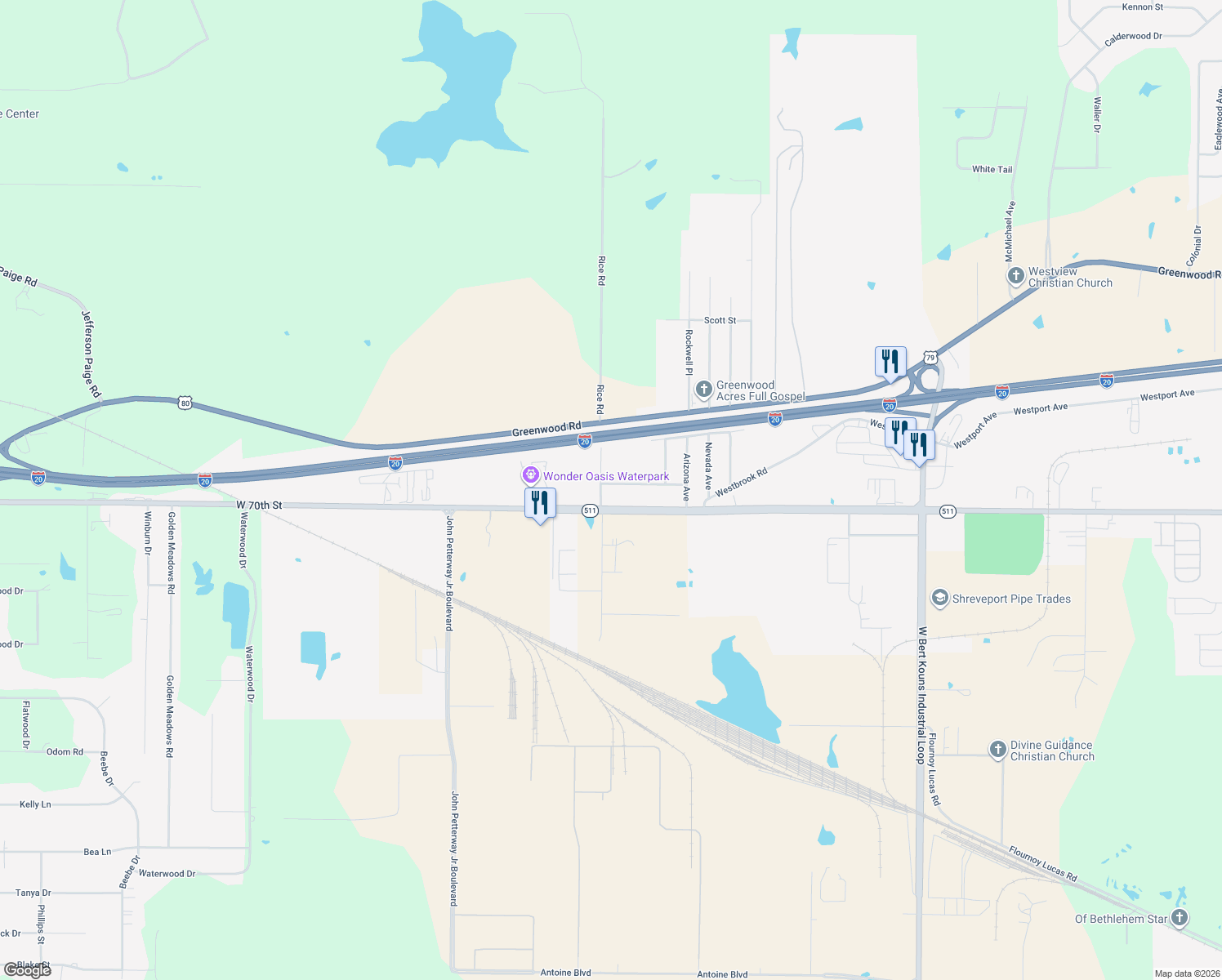 map of restaurants, bars, coffee shops, grocery stores, and more near 7577 Idaho Dr in Shreveport