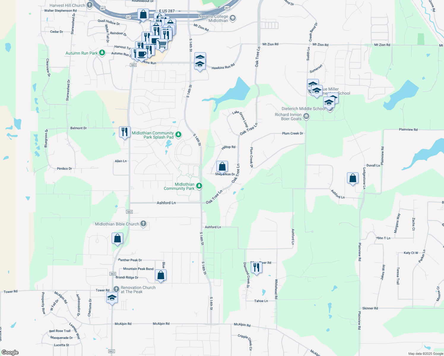 map of restaurants, bars, coffee shops, grocery stores, and more near 860 Sheparkon Drive in Midlothian