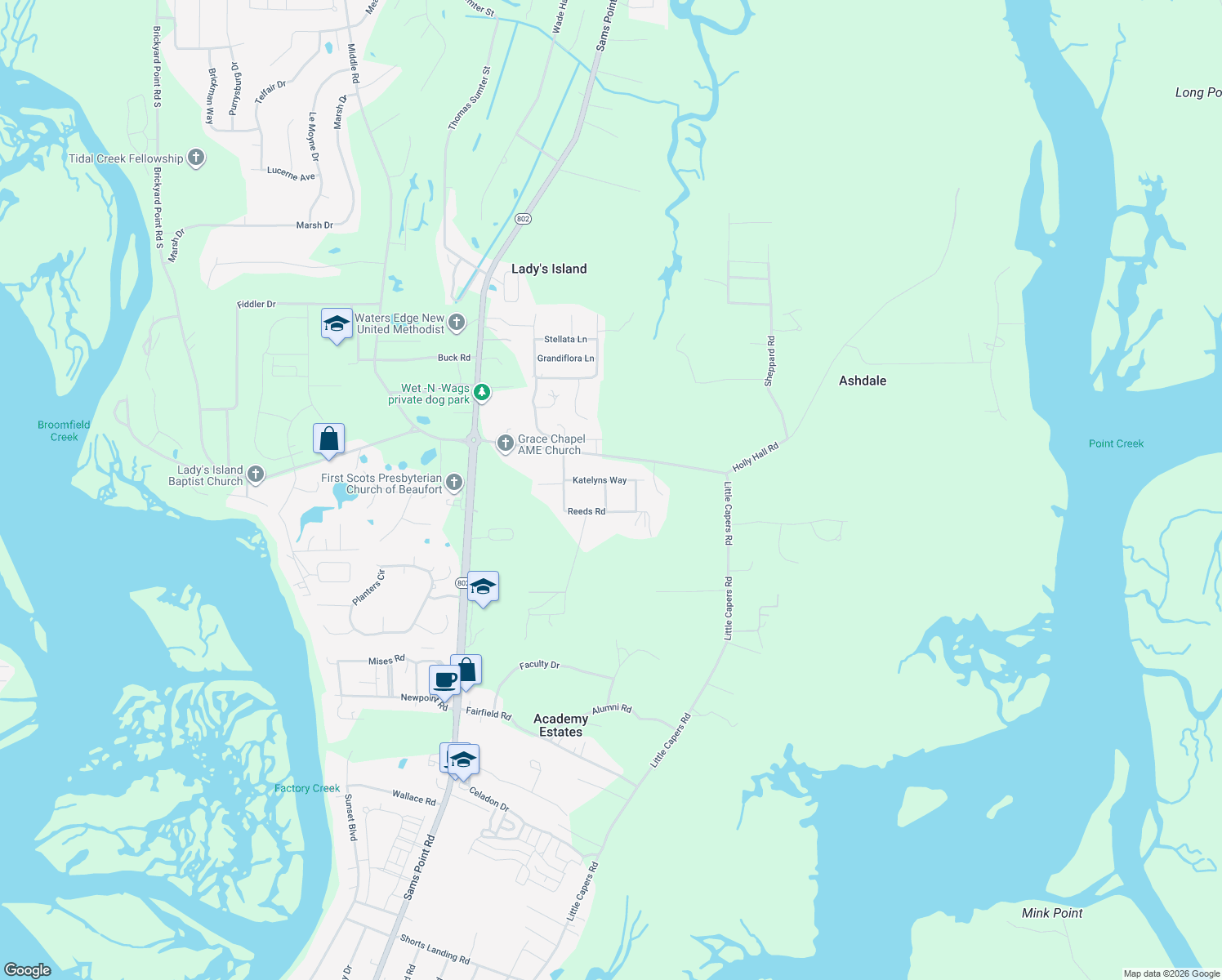map of restaurants, bars, coffee shops, grocery stores, and more near 3 Chloes Way in Beaufort