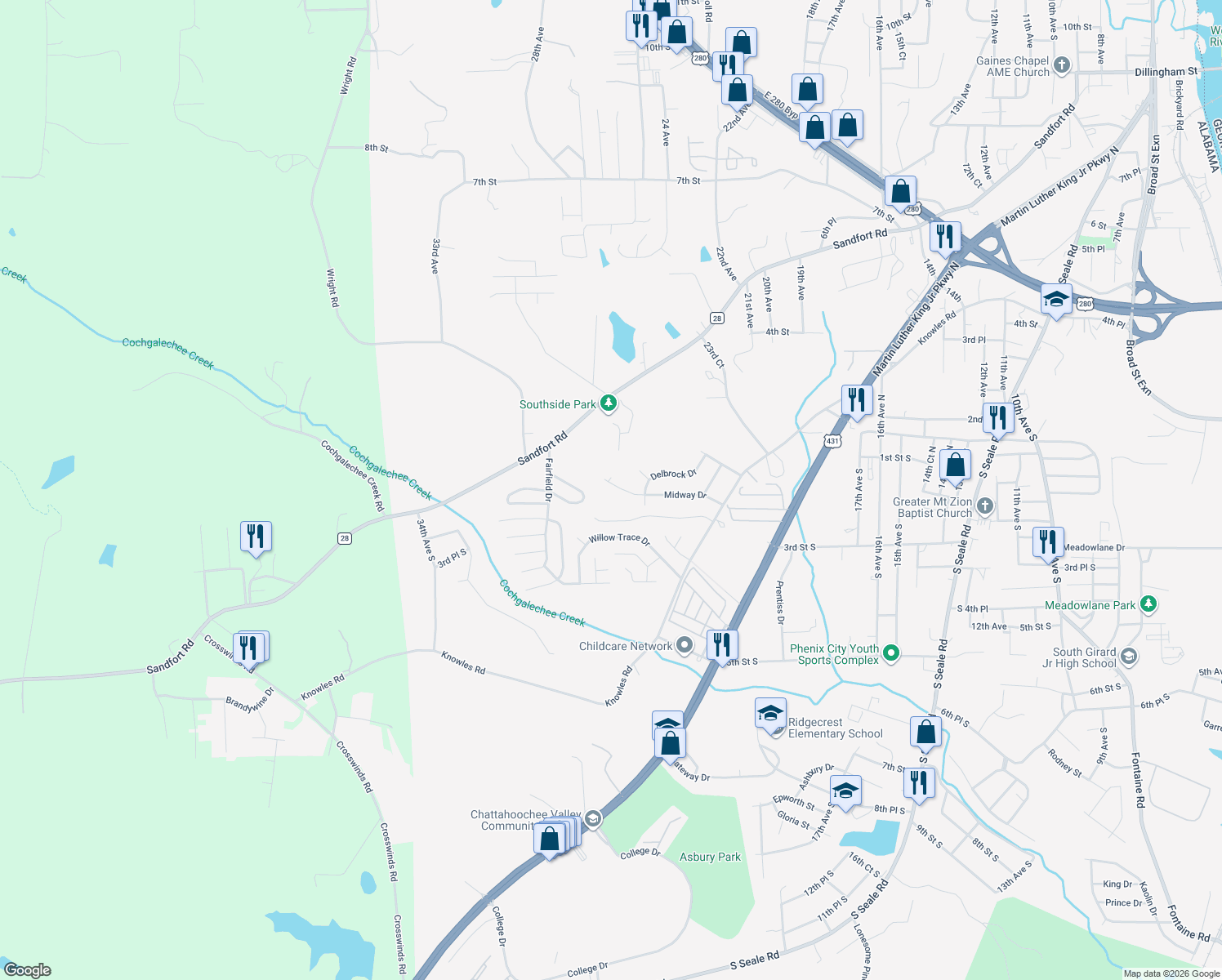 map of restaurants, bars, coffee shops, grocery stores, and more near 2413 Midway Dr in Phenix City