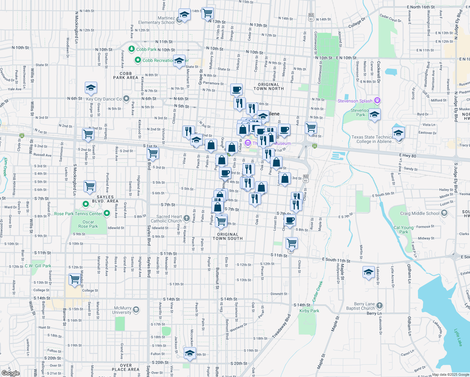 map of restaurants, bars, coffee shops, grocery stores, and more near 433 Elm Street in Abilene