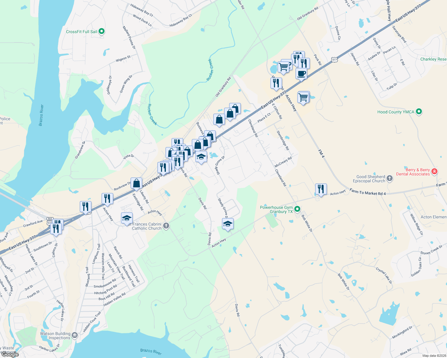 map of restaurants, bars, coffee shops, grocery stores, and more near 603 Shady Grove Dr in Granbury