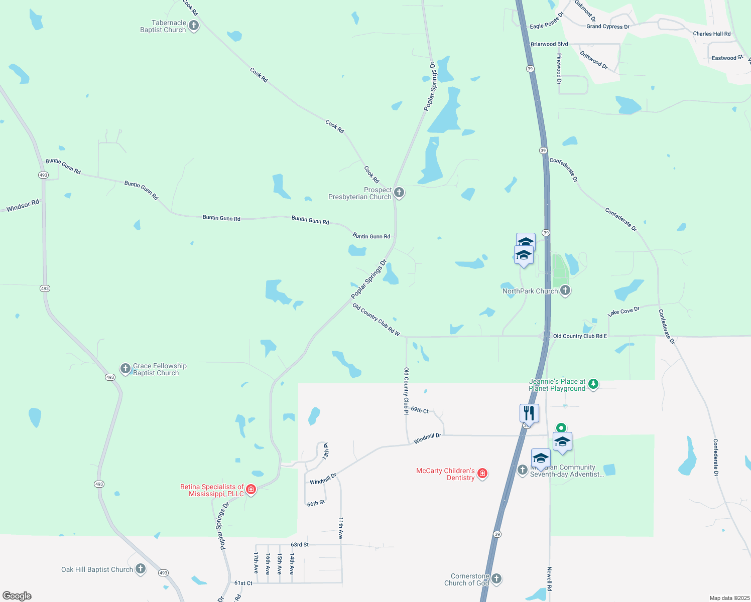 map of restaurants, bars, coffee shops, grocery stores, and more near 836 Old Country Club Road West in Meridian