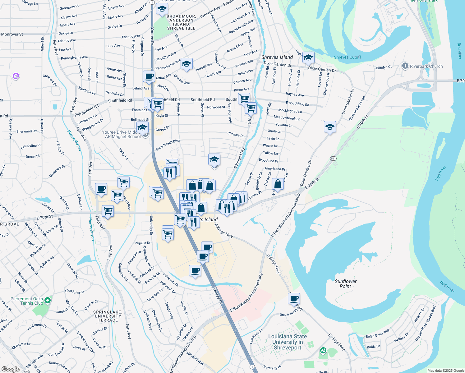 map of restaurants, bars, coffee shops, grocery stores, and more near 6152 River Rd in Shreveport