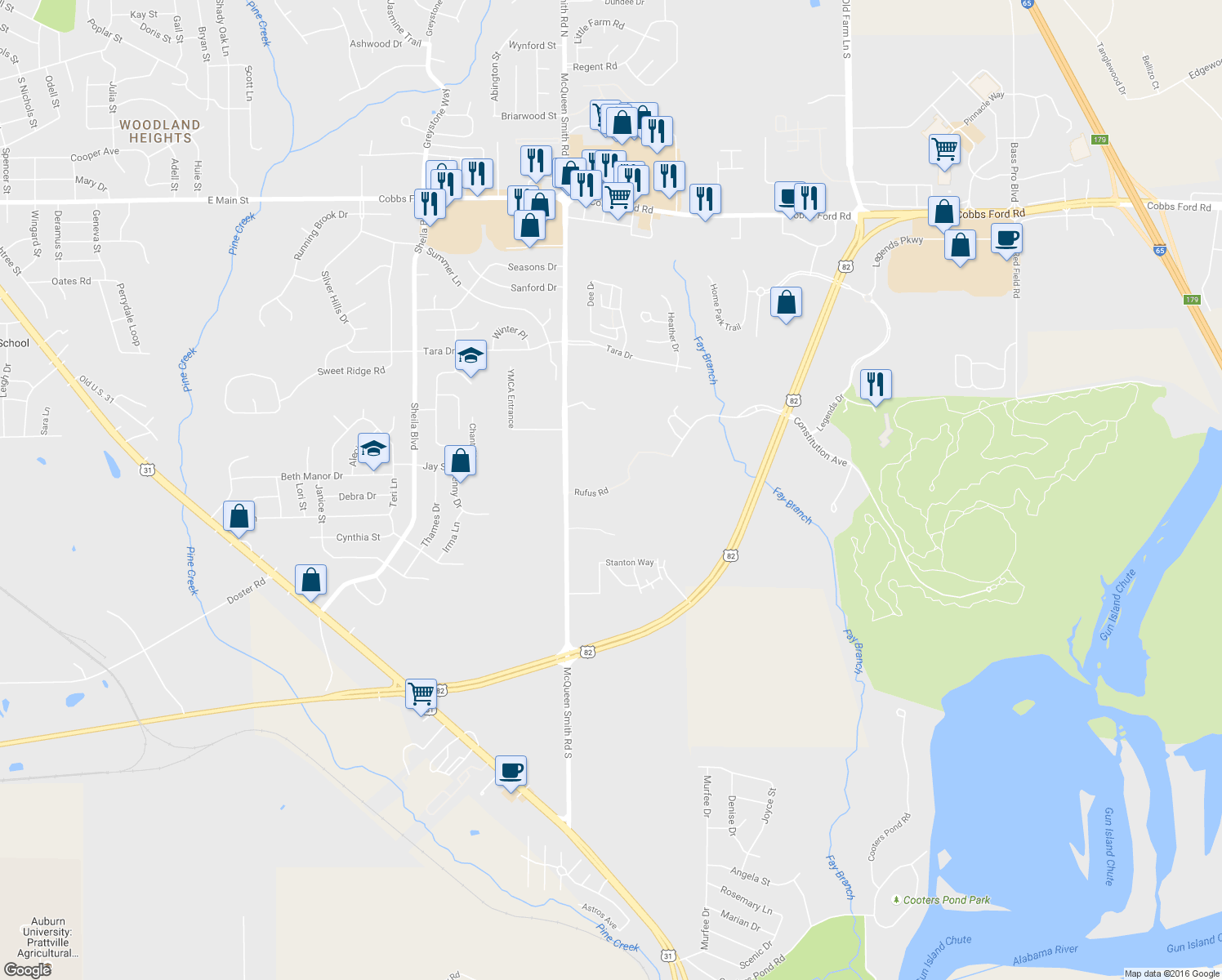 map of restaurants, bars, coffee shops, grocery stores, and more near Rufus Rd in Prattville