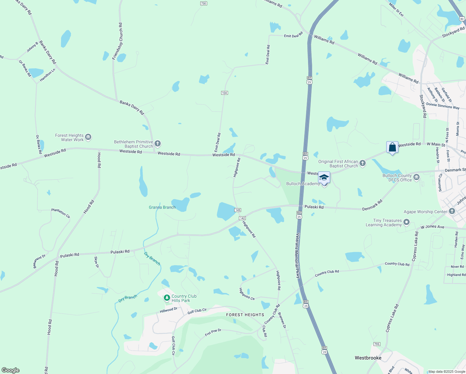 map of restaurants, bars, coffee shops, grocery stores, and more near 297 Hodges Circle in Statesboro