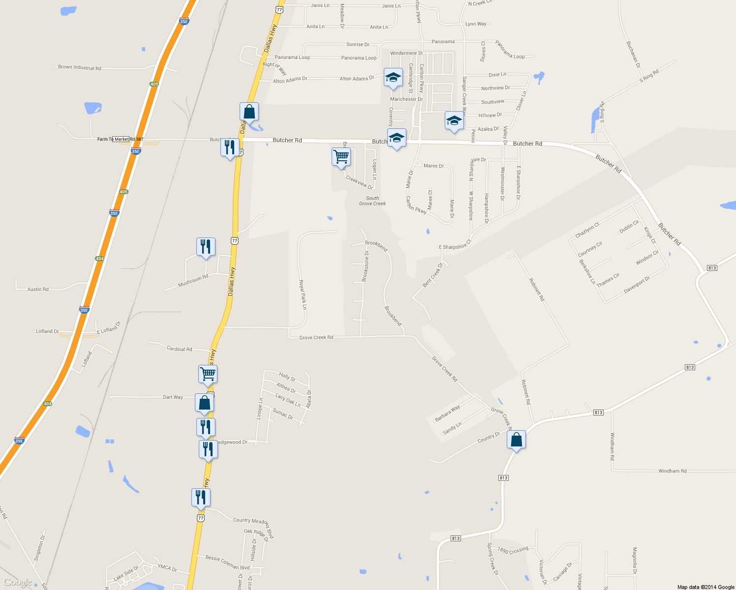 map of restaurants, bars, coffee shops, grocery stores, and more near 136 Brookstone Drive in Waxahachie