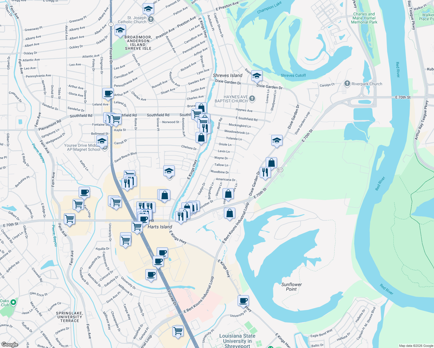 map of restaurants, bars, coffee shops, grocery stores, and more near 321 Woodbine Dr in Shreveport
