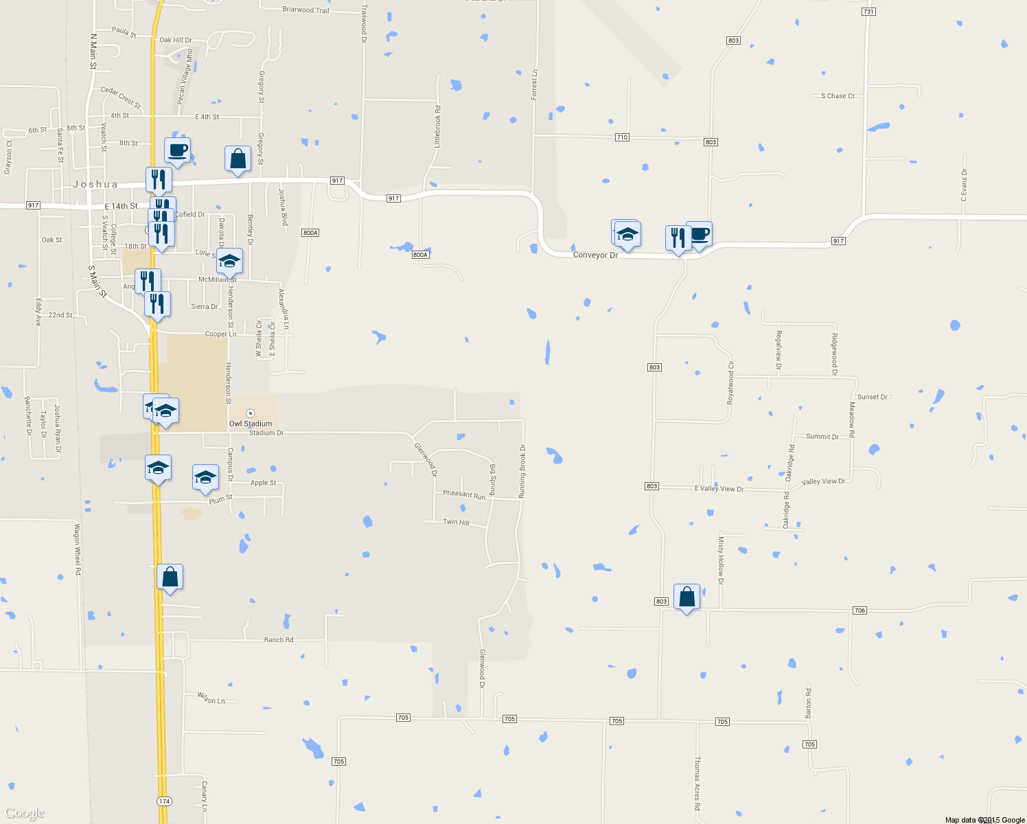 map of restaurants, bars, coffee shops, grocery stores, and more near 4005 Running Brook Dr in Joshua