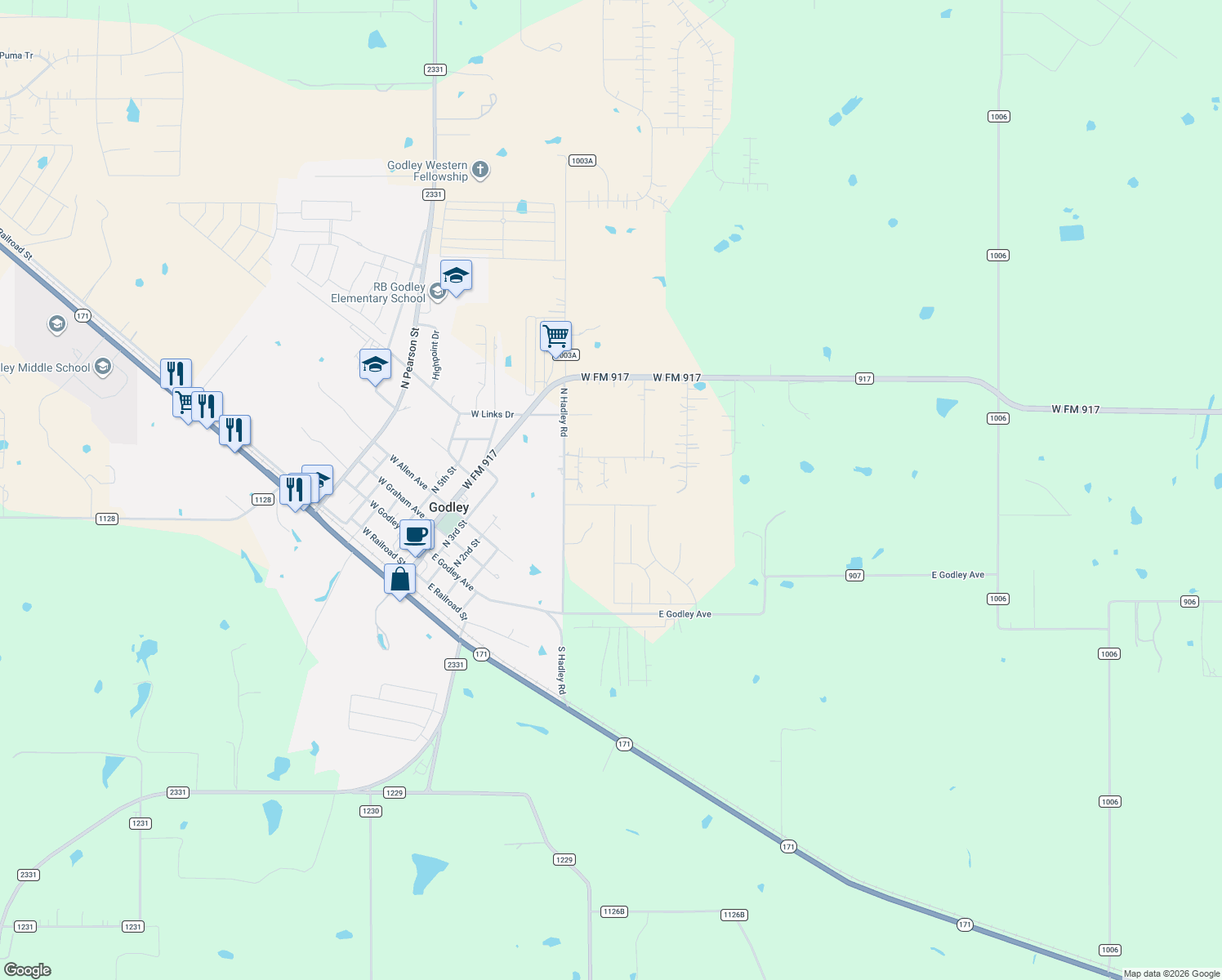 map of restaurants, bars, coffee shops, grocery stores, and more near 409 Spur Ct in Godley