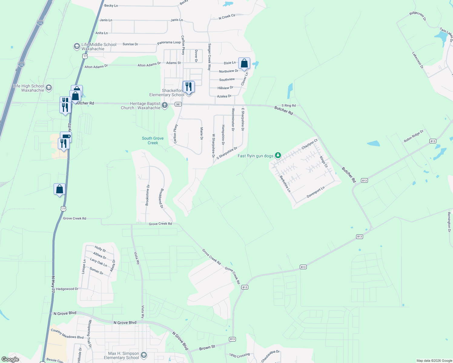 map of restaurants, bars, coffee shops, grocery stores, and more near 667 Robinett Road in Waxahachie